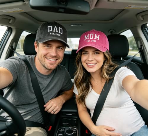 2PCS Dad and Mom EST 2026 Hats for Men Women, New Parents Gifts Cap - color: Black Pink