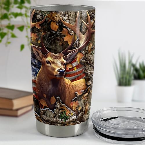 SANDJEST Deer Tumbler 20oz Stainless Steel Insulated Tumblers Coffee Travel Mug Cup Gifts for Men Gift for Birthday Christmas - color: Hunting