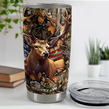 SANDJEST Deer Tumbler 20oz Stainless Steel Insulated Tumblers Coffee Travel Mug Cup Gifts for Men Gift for Birthday Christmas - color: Hunting
