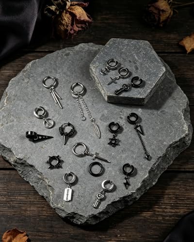 ONESING 20-25 Pcs Clip On Earrings for Men - Dangle Hoop Sterling Non Pierced Fake Piercings - Stainless Steel Silver - color: Black-25pcs