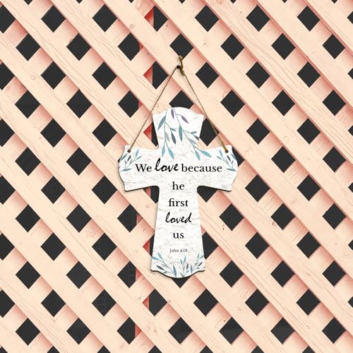 We love because he first loved us. John 4:19 11.5" x 8" Cross Hanging Sign | Rustic Twine | Inspiring Religious Bible Decor
