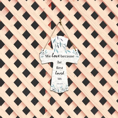 We love because he first loved us. John 4:19 11.5" x 8" Cross Hanging Sign | Rustic Twine | Inspiring Religious Bible Decor