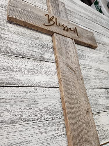 Rockin' Wood Rustic Reclaimed Wood Cross, wall decor handmade in the USA, rustic Christian Home Decor, cross wall decor (Blessed, Large)