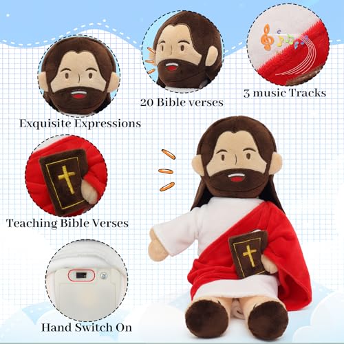 Yelakey Jesus Plush - 13.4“ Voice Jesus Plush Toy Speaking 20 Bible Verses and Singing 3 Bible Songs, Religious Stuffed Doll for Kids, Christian Easter Gift for Church and Sunday School - color: Brownred