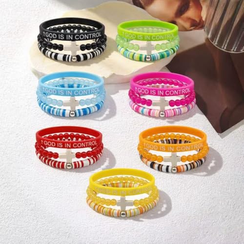 God Is In Control Christian Stackable Bracelet Set for Women Men, 3Pcs Inspirational Faith Cross Beaded Silicone Bracelets, Religious Bible Verse Elastic Wristbands Gift - color: Green