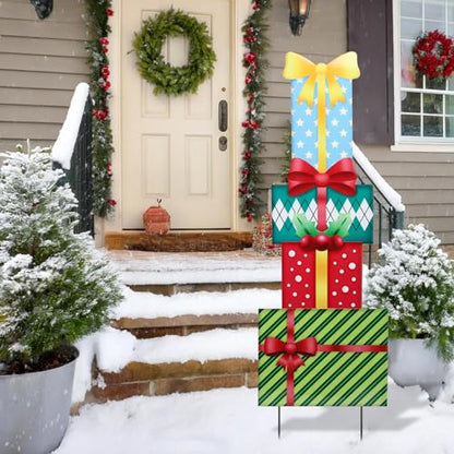 Christmas Yard Sign Decorations Outdoor Christmas Four Gift Boxes Yard Signs with Metal Stakes for Xmas Holiday Party Lawn Sign Garden Decor Outdoor Yard Signs - style: Gift boxes