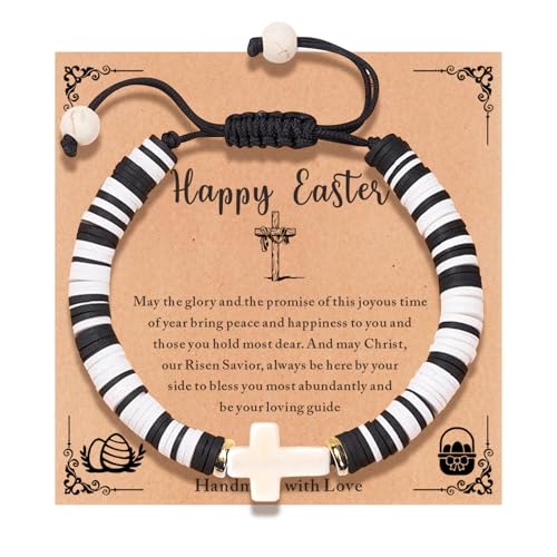 Cute Cross Bracelet Teen Girl Gifts Trendy Stuff Christian Gifts for Kids/Girls/Boys/Teens/Women Jewelry Colorful Jesus Bracelets Christmas Religious Communion Baptism Confirmation Gifts - color: Happy Easter- White Black