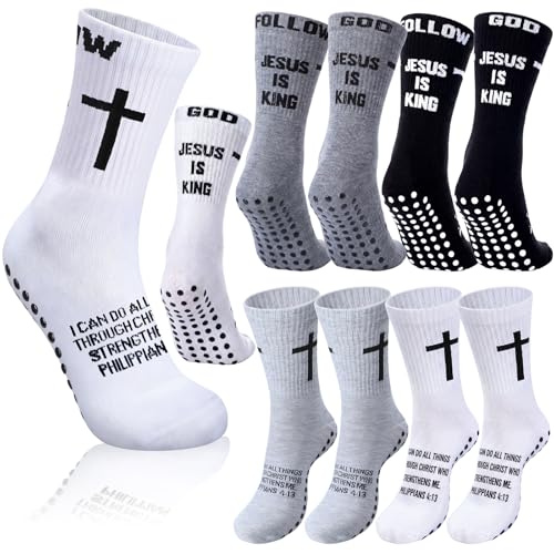 4 Pairs Cross Grip Soccer Socks, Us Size 6-12 - color: Black, White, Light Gray, Dark Gray, style: Bible Verse