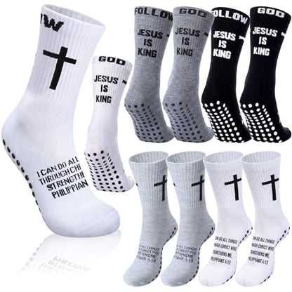 4 Pairs Cross Grip Soccer Socks, Us Size 6-12 - color: Black, White, Light Gray, Dark Gray, style: Bible Verse