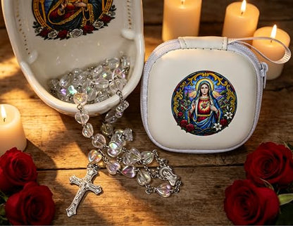 Handmade Rosary Beads for Women, Elegant Catholic Gifts for First Communion, Confirmation & Spiritual Prayer, Unique Beaded Rosary Necklace with Zippered Case - color: White - Immaculate Heart of Mary