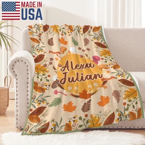 Custom Fall Blanket Autumn with Name Soft Cozy Harvest Blanket for Boys Girls Kids Adults Personalized Text Leaves Mushroom Yellow Halloween Christmas Birthday Gifts - color: Autumu-04