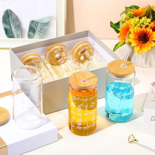 6 Pcs Christian Gifts for Women Christian God Says You Are Glass Tumblers Set 16oz Iced Coffee Cups with Lids Glass Straws Scripture Bible Verse Cups Gifts for Women