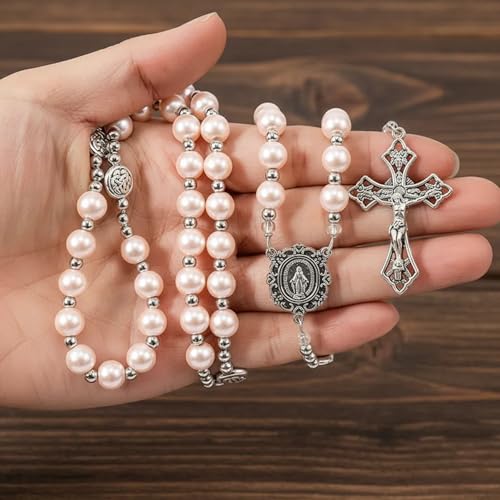 Nazareth Store Pearl Beads Rosary Miraculous Prayer Necklace Strong Metal Mystery Beaded Rosary for Men & Women - color: Pink