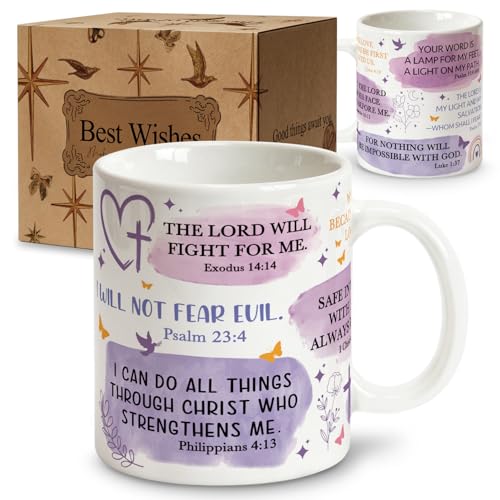 Purple Christian Coffee Mug Gifts for Women, Scripture Ceramic Cup with Bible Verse for Mom Grandma Church Friends, Daily Devotional Bible Study Gifts for Pastor, I Can Do All Things Through Christ