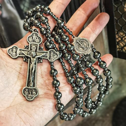 Large Heavy Hematite rosary beads catholic for men