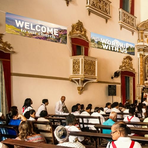 2 Pcs Worship with Us Church Wall Banners 6 × 2ft