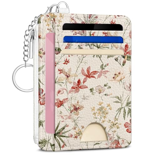 Flowers Slim RFID Blocking Small Wallet Keychain Set,Flower Credit Card Holder Wallet for Women, Zipper Coin Pocket Thin Card Holder Case with ID Window, Flower Card Holder Wallet Gift for Ladies - color: Floral