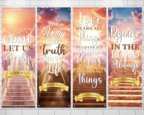 4Pcs Church Banners With Scripture Church Banners for Sanctuary Wall Worship Welcome and Holiday Religious Hanging Backdrop Stairway to Heaven Christian Porch Signs Decors for Churches School - style: Stairway to Heaven