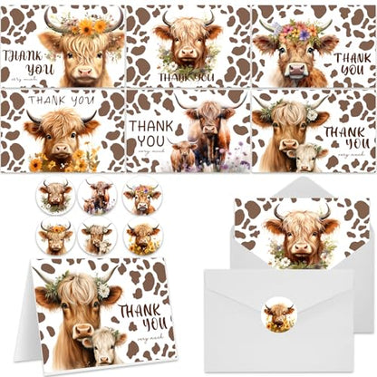 60 Pieces Highland Cow Baby Shower Thank You Cards,Baby Farm Thank You Cards Includes 30 Pieces Envelopes and 30 Pieces Highland Cow Cards with Stickers for Baby Shower Bridal Wedding - color: highland cow