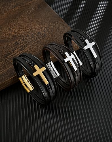 YL Mens Cross Viking Celtic Ankh Odin Compass Life Tree Leather Bracelet, 18K Gold/Black Rhodium Stainless Steel Christian Religious Protection Talisman Brown Cuff Handcrafted Jewelry Gifts - color: Black Rhodium-Cross A-Brown, size: 8.3"(210mm)