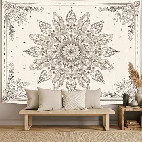 Motanber Floral Mandala Tapestry Wall Hanging Boho Beige Tapestry Aesthetic Bohemian Flower Cute Small Tapestries for Bedroom Living Room Dorm Wall Decor 60 x 44 Inch - color: Beige White, size: 60"L x 44"W