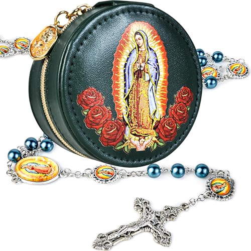 8mm Glass Pearl Catholic Rosary Necklace - Our Lady of Guadalupe Rosary Beads with Prayer Box, First Communion & Baptism Gift for Women and Men (La Rosa de Guadalupe) - color: Green
