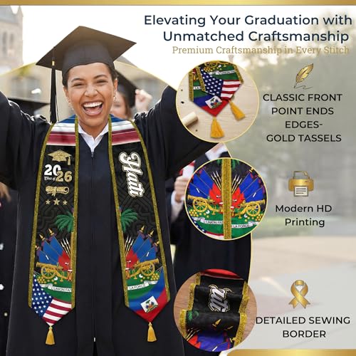 Graduation Stole Class of 2026 Reversible Sash with Gold Glitter Trim and Tassels V-Neck 72 Inch Satin - color: Nigeria & America