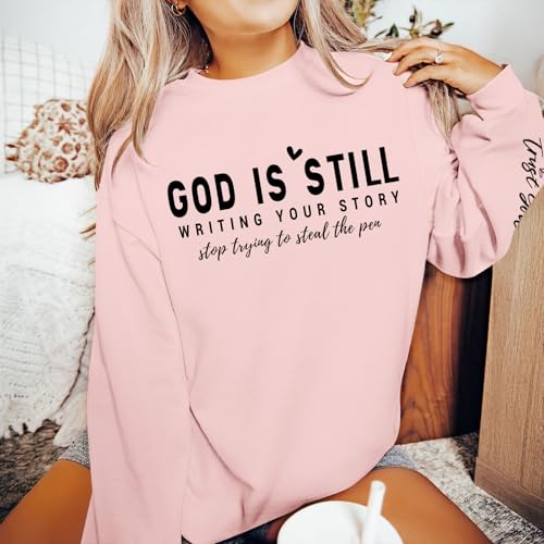 PAIEXILY Christian Crewneck Sweatshirts for Women God Faith Bible Verse Pullover Jesus Religious Long Sleeve Shirts Tops - color: Pink, size: Small