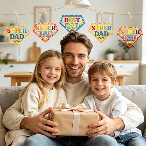 BeYumi Fathers Wooden Ornament Craft - 20Pcs Father's Day Wooden Craft for Kids Super DAD Ornaments Diamond-Shaped with Gem Stickers DIY Best DAD Kit Make Your Own Art Gifts School Classroom Home - style: Super Dad