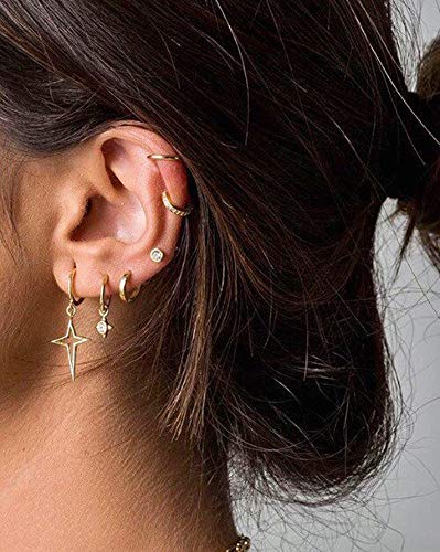 Minimalist Cross Star Dangle Drop Small Hoop Earrings for Women Girls 925 Sterling Silver Charms Huggie Hoops Constellation Tiny Star Cartilage Earring Pierced Ear Crucifix Jewelry - style: Golden