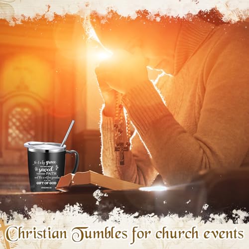 12 Pcs Christian Coffee Mugs with Lid and Straw Bible Verse Father's Day Religious Gifts Tumbler 12 oz Stainless Steel Insulated Inspirational Tumbler for Church Women Men(Black) - color: Black