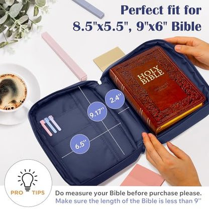 Small Bible Cover Case for Women and Men, 9x6 PU Leather Bible Sleeve, Compact Travel Bible Carrier Bag with Front Pen Holders, Zipper Closure, Inner Pockets - Navy Blue - color: Navy Blue, size: 9''x6.5''