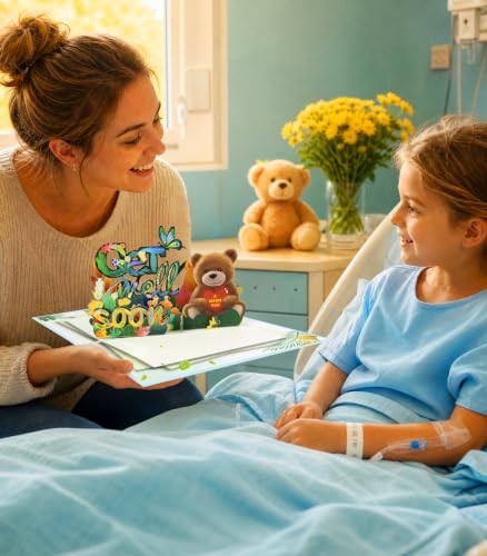 Magic Ants 3D Get Well Soon Pop-Up Card with BrownBear, Cheerful Flowers, and Butterflies | Uplifting Recovery Greeting Card for Kids, Adults, and Seniors | Personalised Note & Envelope Included - color: Flowers Butterflies