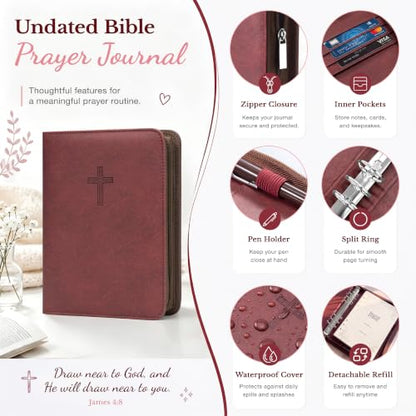 Ospelelf Refillable Prayer Journal with Leather Red 6 Ring Binder 3-Month - color: red