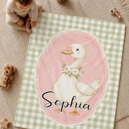 Personalized Goose Baby Blanket, Green Gingham Nursery Throw Gift - color: #Ver3