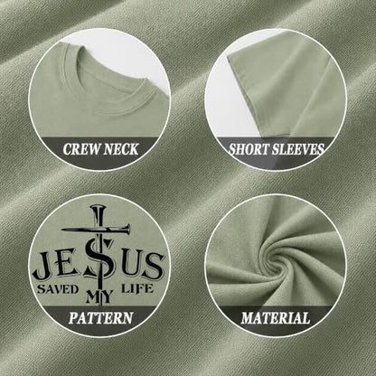 Christian Jesus Cross Shirts for Men Jesus Saved My Life T-Shirt God Tee - color: Green, size: Small