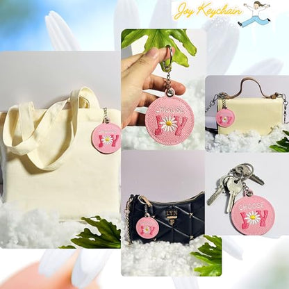 Handmade Jesus Keychain Pink PU Leather Embroidered Inspirational Quote Bag Charm, Christian Faith Keychain - color: Choose Joy
