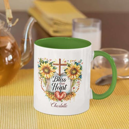 Custom Mug With Bless Your Heart Message, Christian Cup 11oz 15oz, Personalized Sunflowers And Cross Design Mug, Customized Name Religious Coffee Cup, Gift For Christian Men Women - color: HOA-624-2169-BLESS YOUR HEART MUG