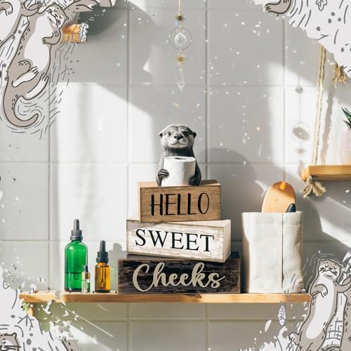 Moucuny 4 Pcs Otter Bathroom Decor Wooden Block Signs Hello Sweet Cheeks - style: Bathroom Otter