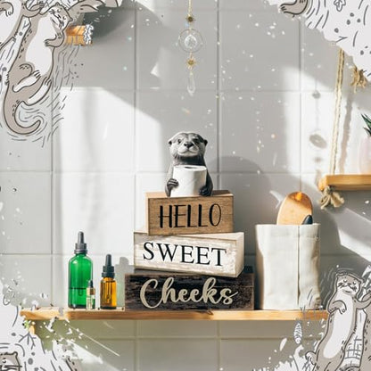 Moucuny 4 Pcs Otter Bathroom Decor Wooden Block Signs Hello Sweet Cheeks - style: Bathroom Otter