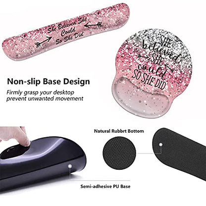 Keyboard Wrist Rest and Mouse Pad Wrist Support Set with Coasters, She Believed She Could So She Did Inspirational Quote Wrist Mouse Pad with Non-Slip PU Base for Computer Laptop Home Office - color: She Believed She Could So She Did Inspirational Quote