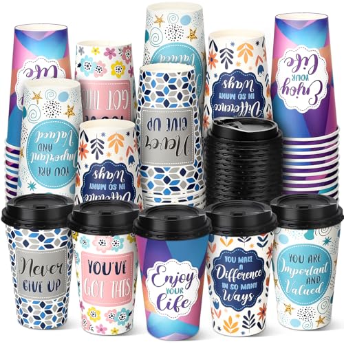 100 Pack 16 oz Paper Coffee Cups with Lids 5 Quotes - style: Motivational