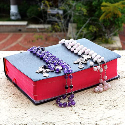 Rosary Beads Chaplet Purple Natural Amethyst Crystal Rosery Cross Catholic gifts - color: Pink
