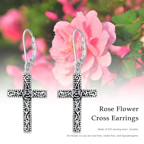 925 Sterling Silver Sunflower/Rose/Plumeria/Hibiscus/Mushroom Cross Earrings for Women Hawaiian Flower/Butterfly Cross Dangle Drop Earrings Jewelry Faith Christian Gift for Her Daughter Wife Girlfriend - style: Rose