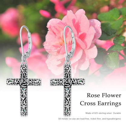925 Sterling Silver Sunflower/Rose/Plumeria/Hibiscus/Mushroom Cross Earrings for Women Hawaiian Flower/Butterfly Cross Dangle Drop Earrings Jewelry Faith Christian Gift for Her Daughter Wife Girlfriend - style: Rose
