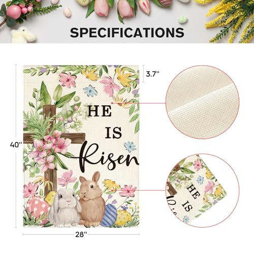 AVOIN colorlife Bunnies Cross He Is Risen Easter House Flag 28x40 Inch - size: House Size-28 x 40"