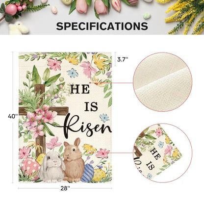 AVOIN colorlife Bunnies Cross He Is Risen Easter House Flag 28x40 Inch - size: House Size-28 x 40"
