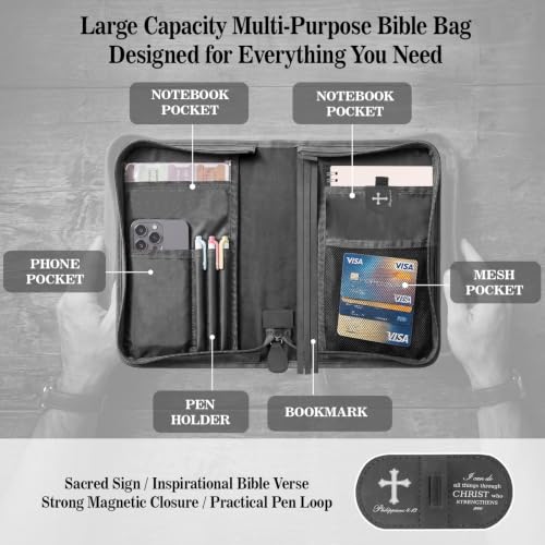 Vegan Leather Bible Case, Bible Bag with Magnetic Bookmark,Bible Cover Case - color: Black