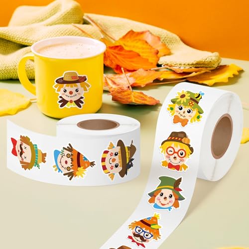 Haooryx Fall Scarecrow Sticker Rolls, 1000 Pcs Autumn Scrapbook Stickers - style: Fall-Theme Scarecrow Head 2Roll
