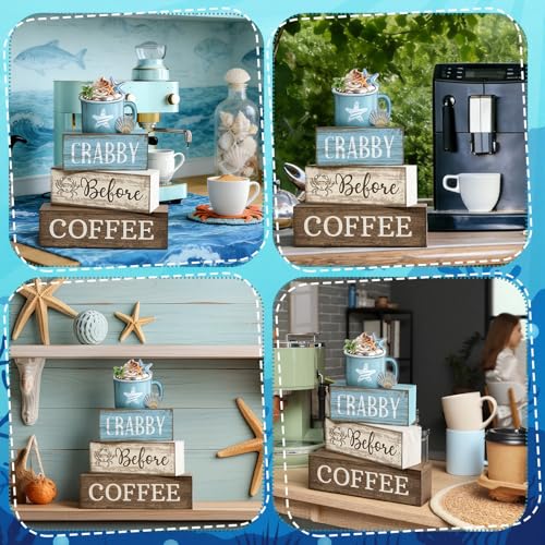 Lineshading 4 Pcs Coffee Beach Decor Wooden Blocks, Coastal Tiered Tray - style: Beach Coffee